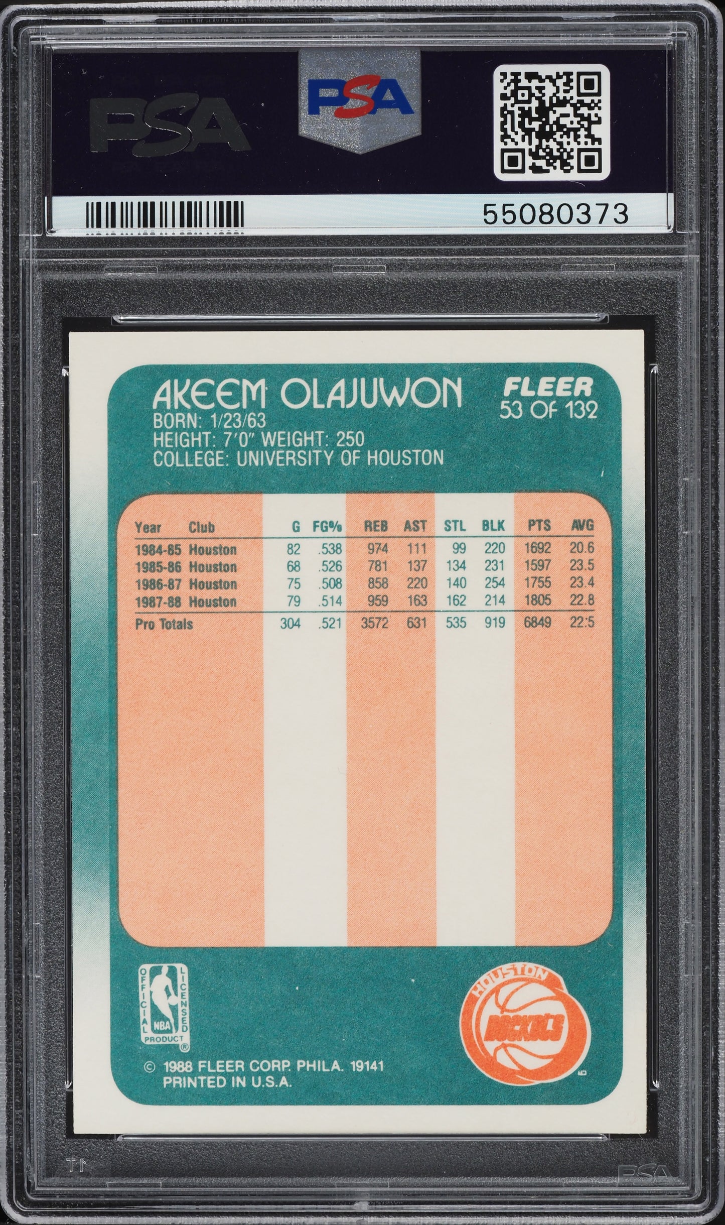 1988 FLEER BASKETBALL HAKEEM OLAJUWON #53 PSA 8 NM-MT