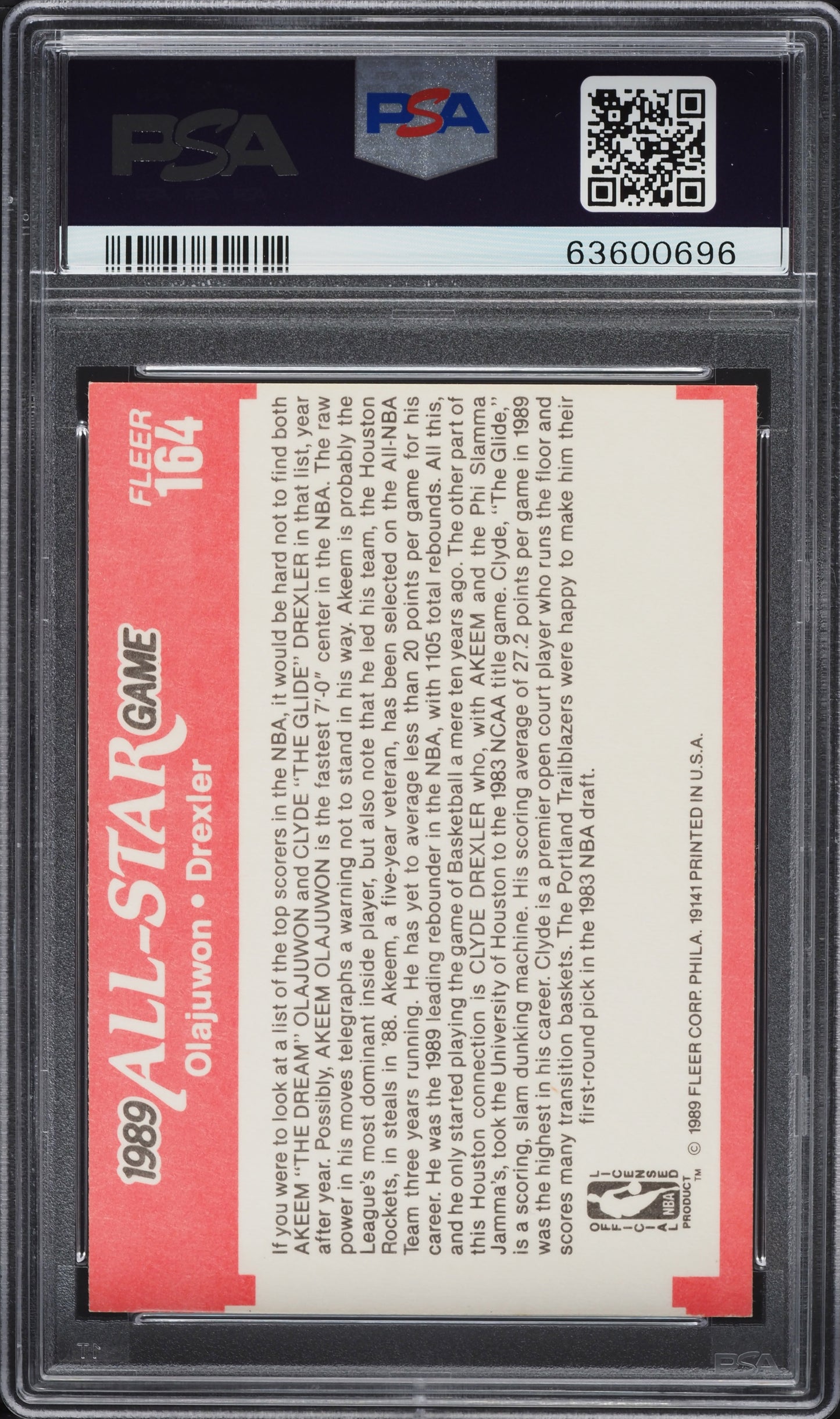 1989 FLEER BASKETBALL HAKEEM OLAJUWON CLYDE DREXLER #164 PSA 8 NM-MT