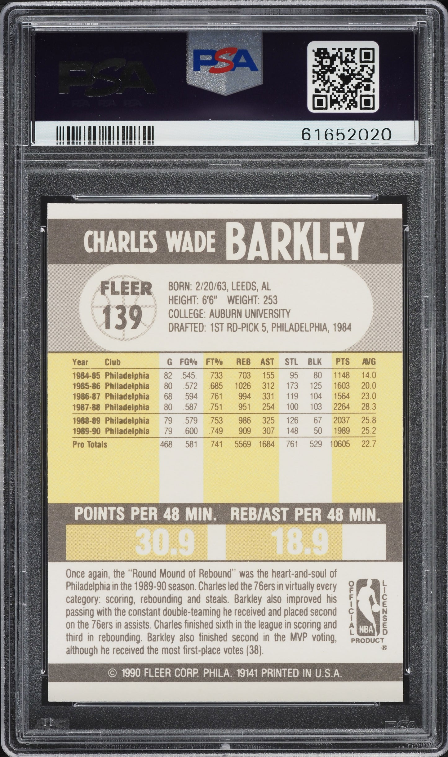 1990 FLEER BASKETBALL CHARLES BARKLEY #139 PSA 9 MINT