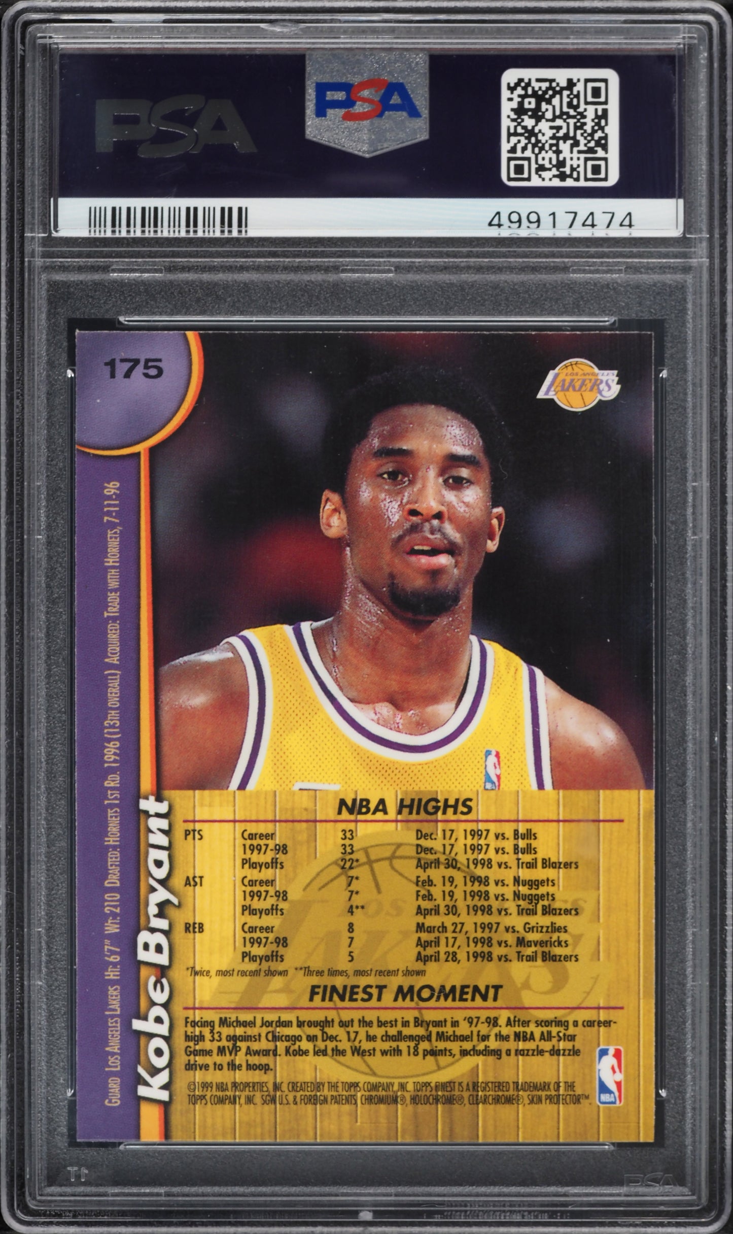1998 FINEST BASKETBALL COATING KOBE BRYANT #175 PSA 8 NM-MT