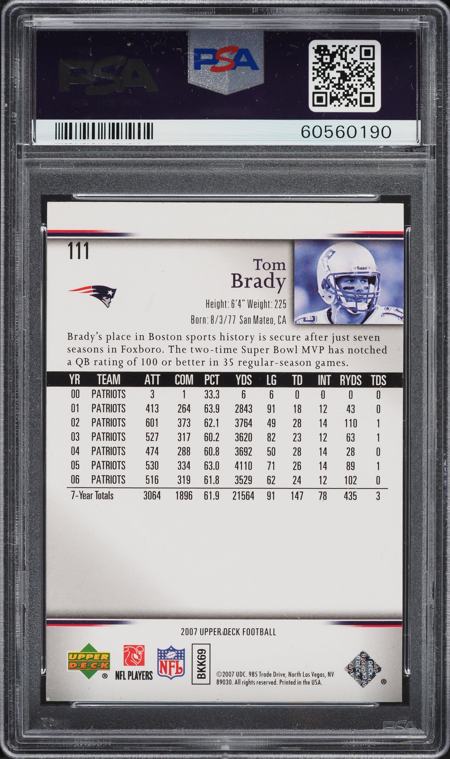 2007 UPPER DECK FOOTBALL TOM BRADY #111 PSA 8 NM-MT