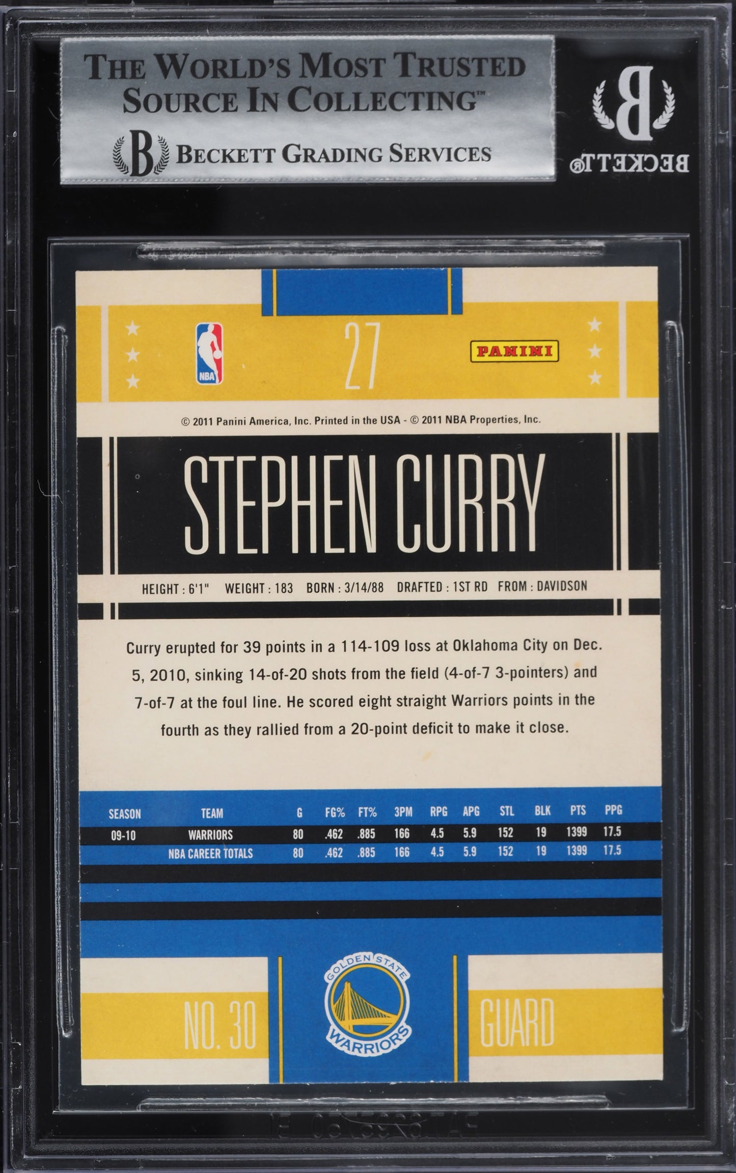 2010 PANINI CLASSICS STEPHEN CURRY #27 BGS 9 MINT