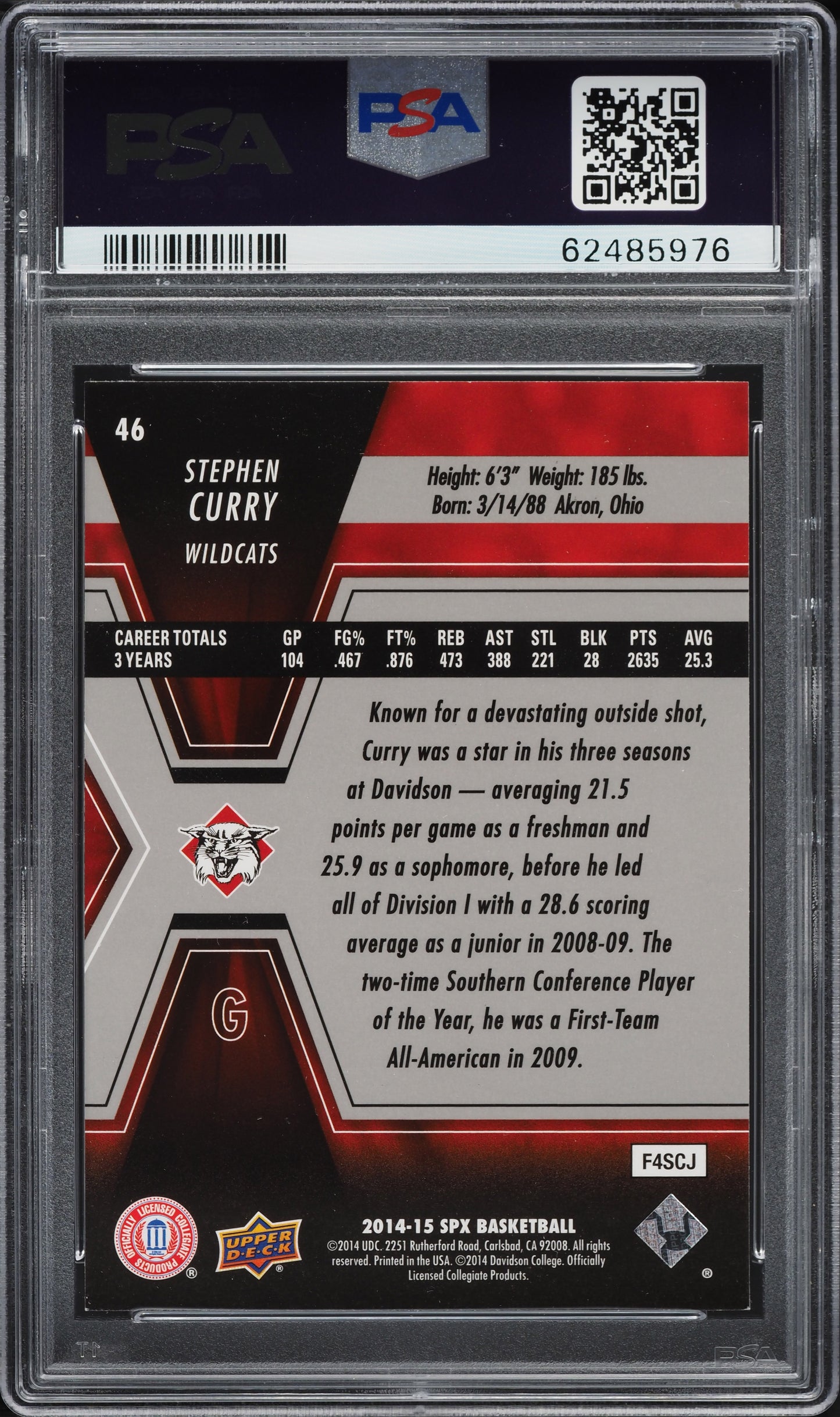 2014 SPX BASKETBALL STEPHEN CURRY #46 PSA 8 NM-MT