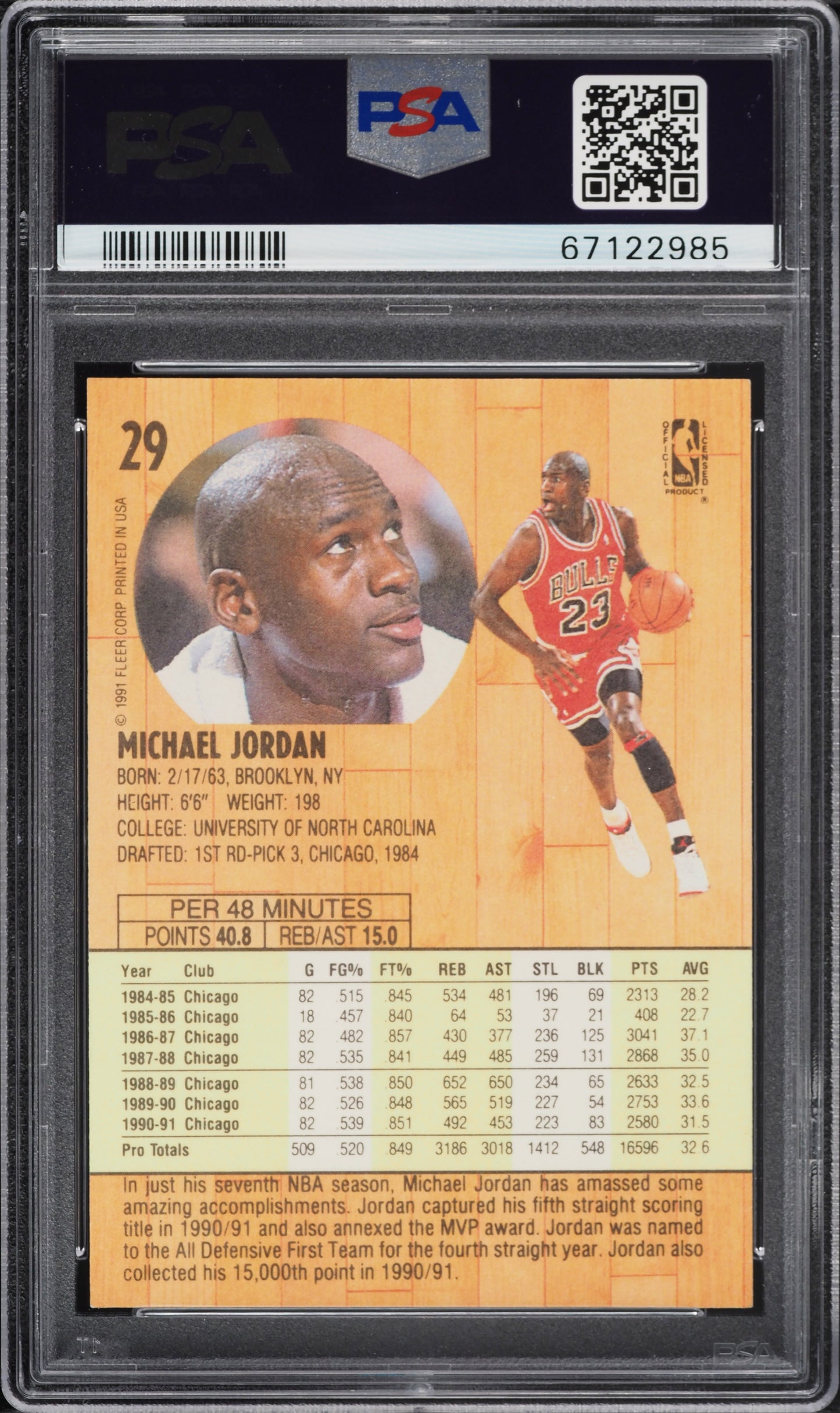 1991 FLEER BASKETBALL MICHAEL JORDAN #29 PSA 7 NRMT