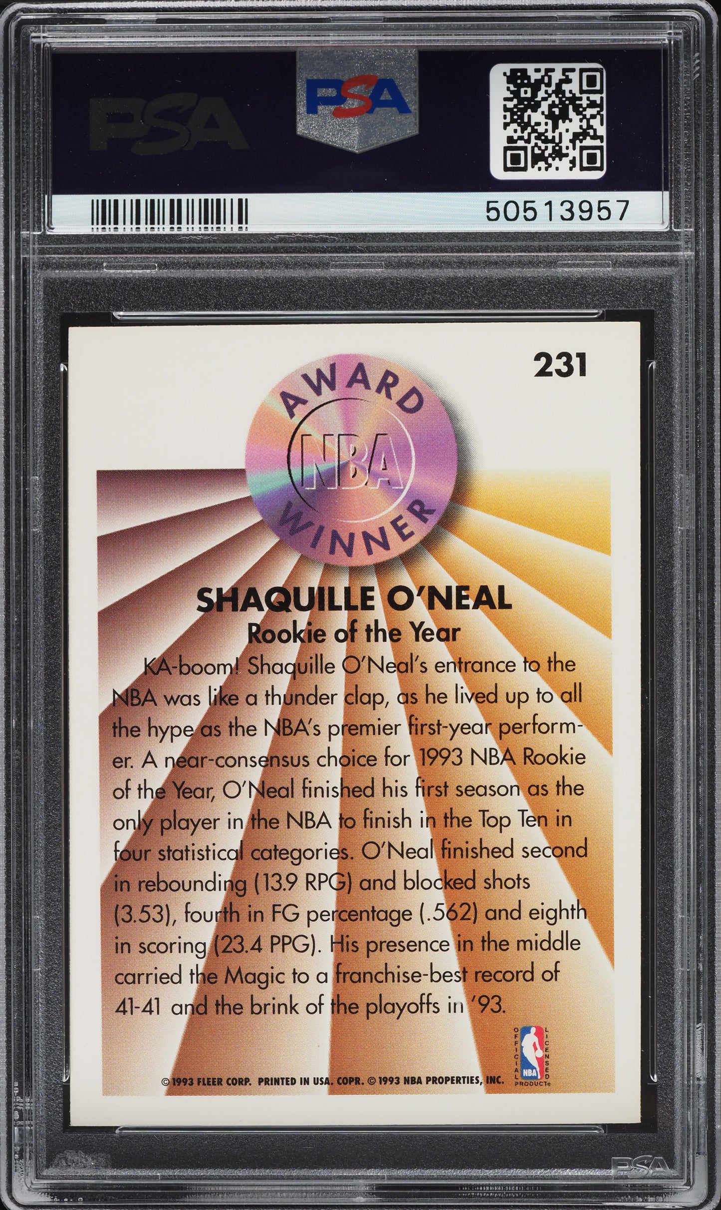 1993 FLEER BASKETBALL SHAQUILLE O'NEAL #231 PSA 9 MINT