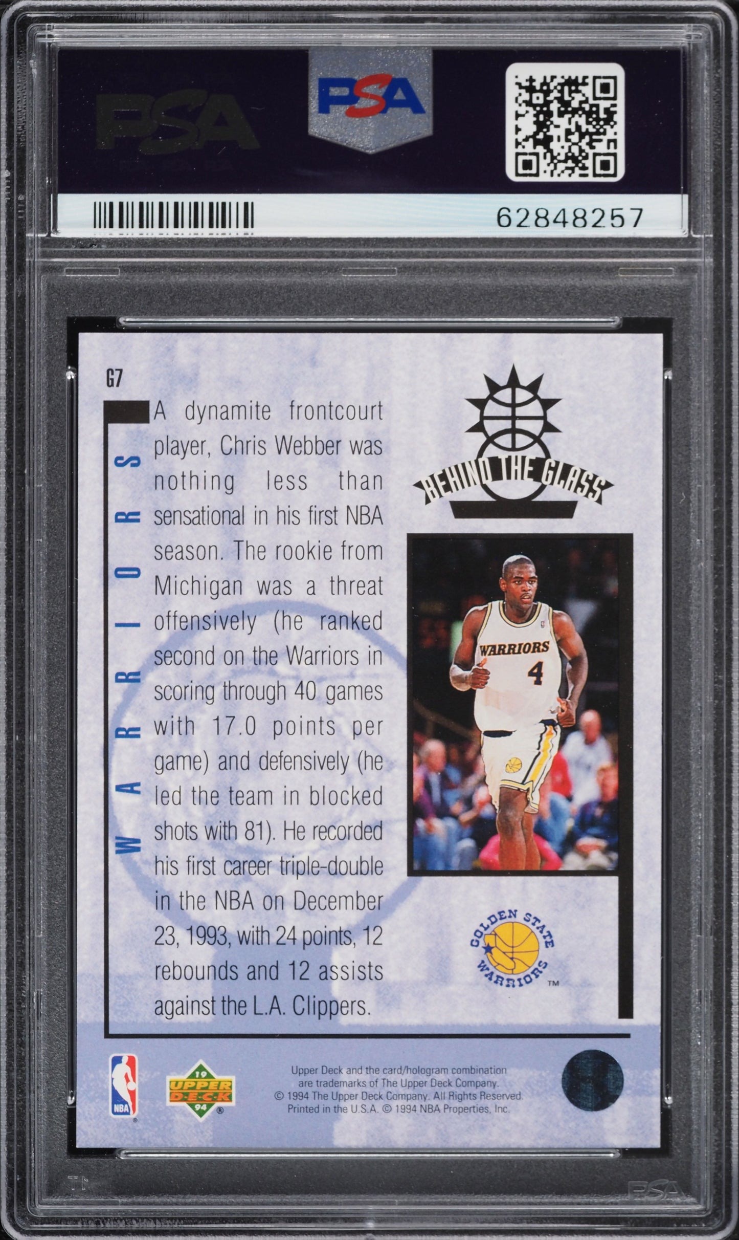 1993 UPPER DECK SE BEHIND THE GLASS CHRIS WEBBER ROOKIE #G7 PSA 7