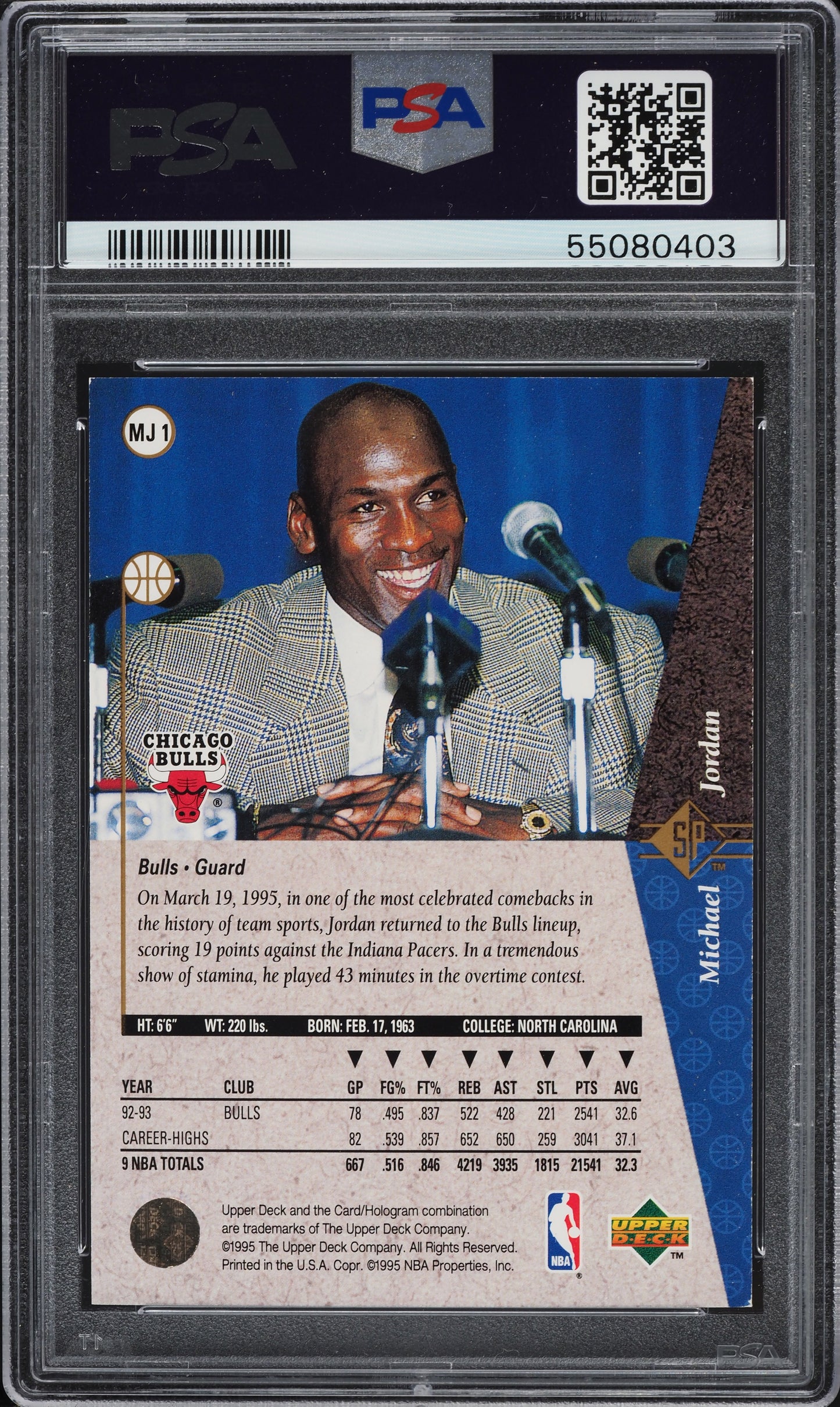 1994 SP RED MICHAEL JORDAN #MJ1 PSA 7 NRMT