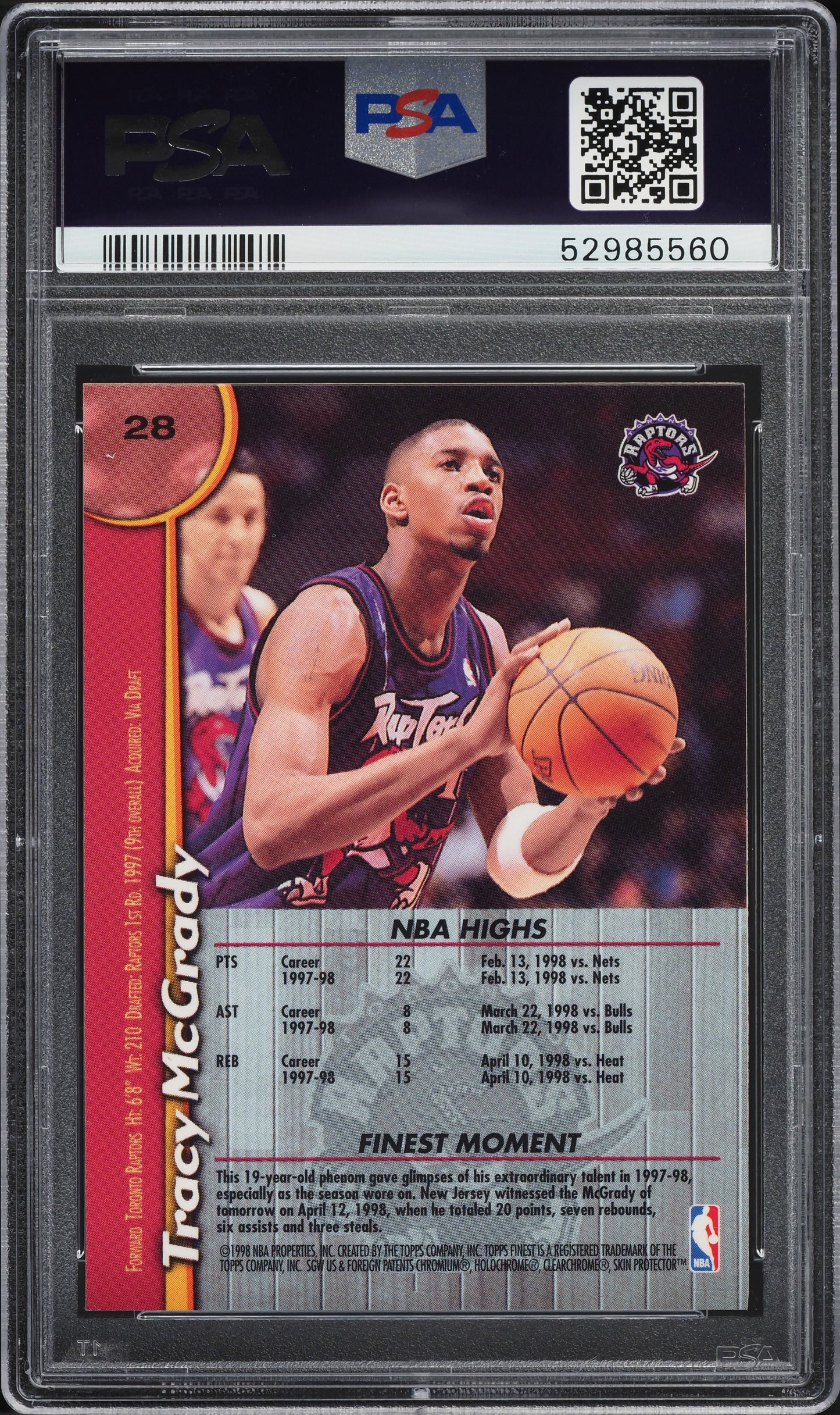 1998 FINEST BASKETBALL TRACY MCGRADY #28 PSA 7 NRMT