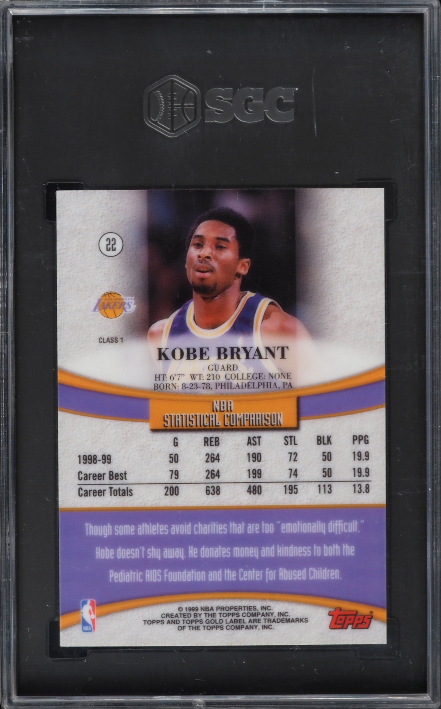 1999 TOPPS GOLD LABEL CLASS 1 KOBE BRYANT #22 SGC 8.5 NM-MT+