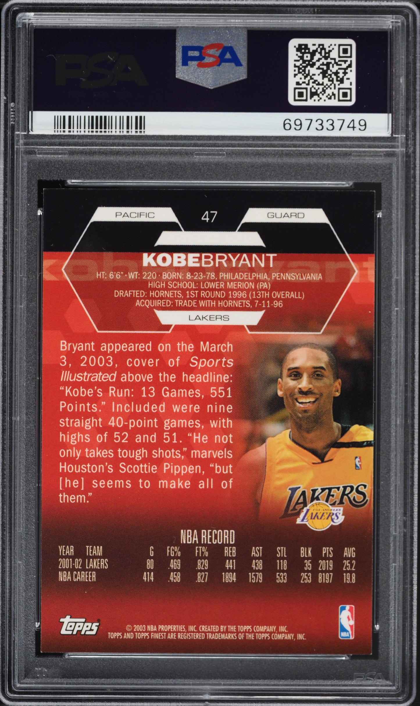 2002 FINEST BASKETBALL KOBE BRYANT #47 PSA 8 NM-MT